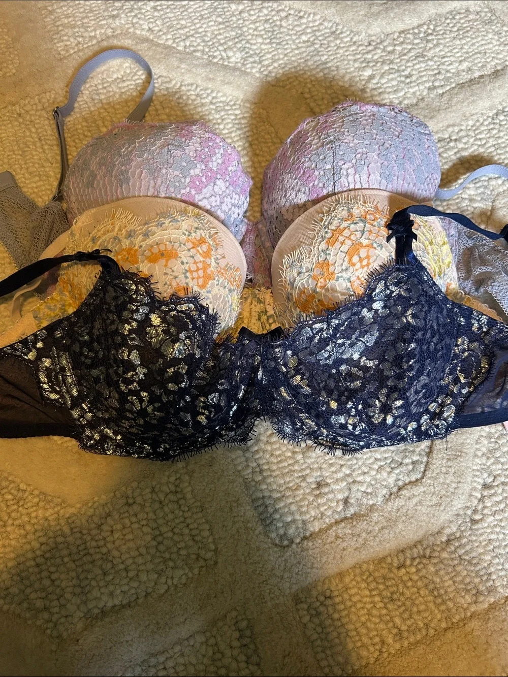 Victoria's Secret Navy Lace & Pastel Floral Bra Trio